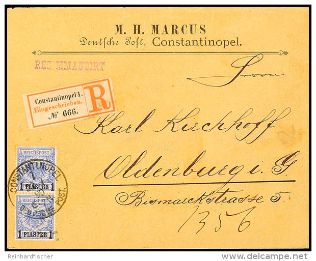 1 Pia. Auf 20 Pf. Krone/Adler Ultramarin, Senkr. Paar Portorichtig Auf R-Brief Von CONSTANTINOPEL 1 23/1 90 Nach... - Turquia (oficinas)