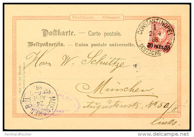 20 Para Auf 10 Pf. Dunkelrosarot, Portorichtige Einzelfrankatur Auf Postkarte (diese Eckbug )von CONSTANTINOPEL 1... - Turquia (oficinas)