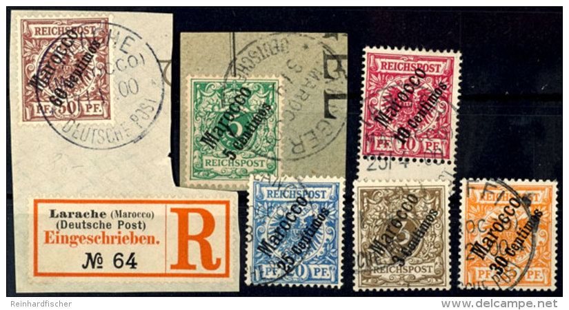 1899, Kpl. Schr&auml;gaufdrucksatz. Dabei Nr. 6 Auf Briefst&uuml;ck Mit R-Zettel LARACHE, Nr. 5 Gepr. Bothe BPP,... - Marruecos (oficinas)