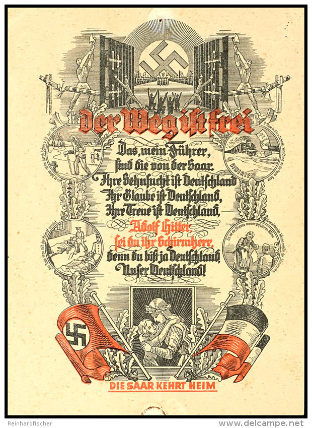 1935, Befreiungs-Postkarte Zu Gunsten Des Saar-Hilfswerks Zu Ehren Der Heimkehrenden, Nadelpunkt Kl. Loch Und... - Otros & Sin Clasificación