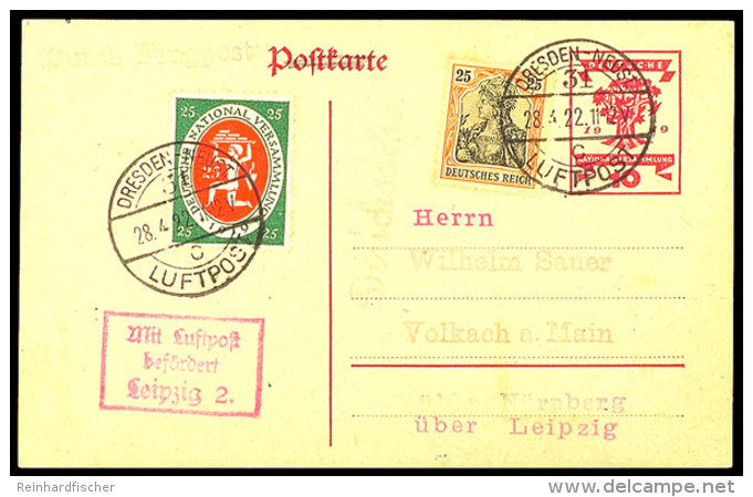 1922, DRESDEN-NEUST. LUFTPOST 24.4.22 Auf Luftpost-GSK Ohne Text Nach Volkach Mit Best.-Stempel Von Leipzig ... - Otros & Sin Clasificación