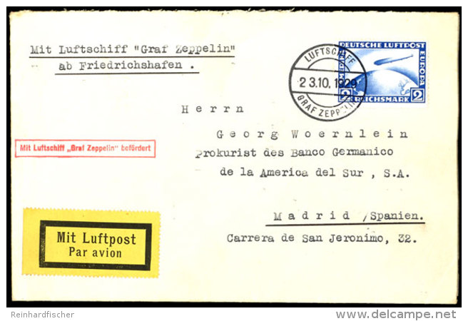 1929, Spanienfahrt, Brief Mit 2 RM Zeppelin Nach Madrid, Bordpost, Abgabe Friedrichshafen, Katalog: Si.44C... - Otros & Sin Clasificación