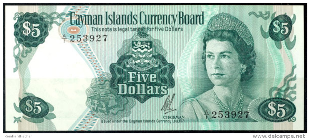 Cayman Islands, 5 Dollars Gr&uuml;n, 1971 (1972), Queen Elizabeth II., Seriennummer AI253927, Kassenfrisch,... - Otros & Sin Clasificación