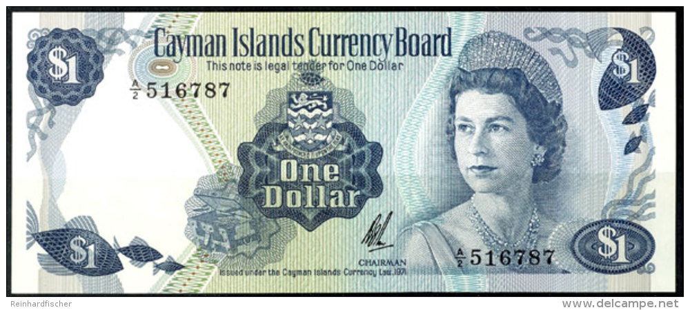 Cayman Islands, 1 Dollar Blau, 1971 (1972), Queen Elizabeth II., Seriennummer A2 516787, Kassenfrisch, Erhaltung... - Otros & Sin Clasificación
