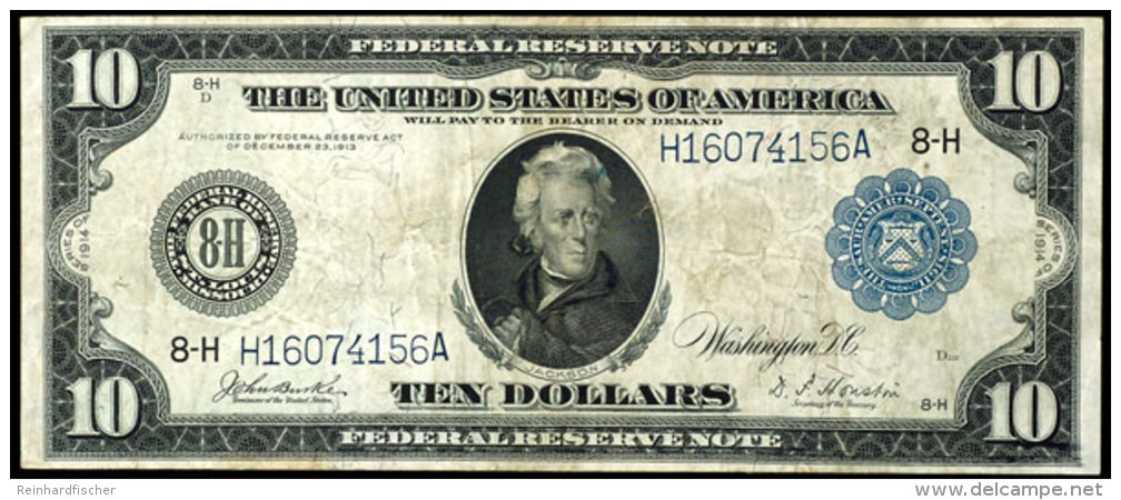 USA, 10 Dollars, 1914, Andrew Jackson, Blue Seal, Seriennummer H16074156A, Erhaltung III-IV., Katalog: Pick 360b... - Otros & Sin Clasificación