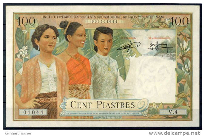 Franz&ouml;sisch Indo-China, Kambodscha, 100 Piastres=100 Riels, O.J. (1954), 3 Frauen Repr&auml;sentieren... - Otros & Sin Clasificación