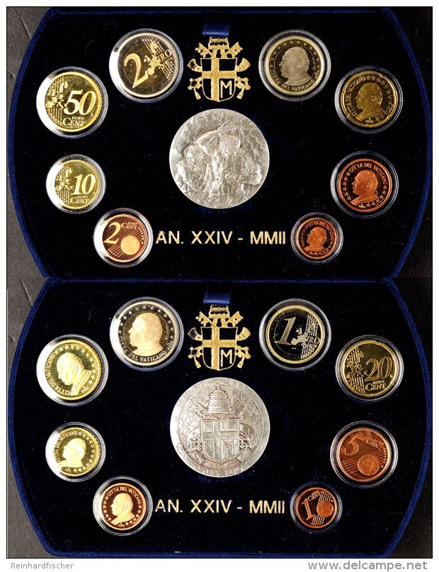2002, Euro KMS 1 Cent Bis 2 Euro, Johannes Paul II., KMS Mit Silbermedaille In Blauer Samtschatulle Mit OVP... - Vaticano (Ciudad Del)