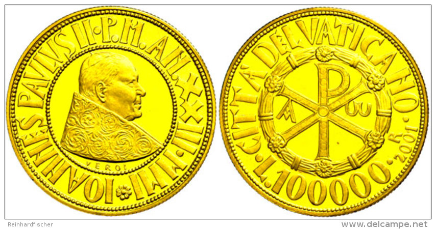 100.000 Lire, Gold, 2001, Christliche Symbole - Papst Johannes Paul II., KM 391, Sch&ouml;n 342, Im... - Vaticano (Ciudad Del)