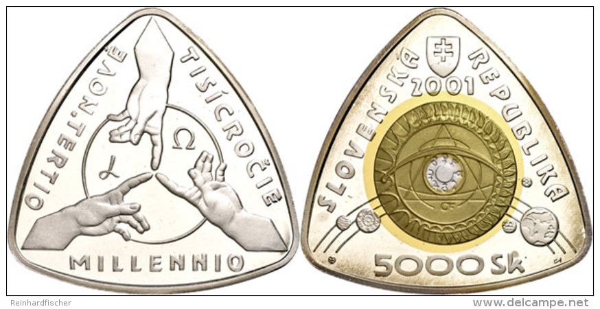 5000 Kronen, 2001, Dreieckig, Silber Mit Goldinlay (6,21g Fein), Christliche Jahrtausendwende, KM 58, Mit... - Eslovaquia