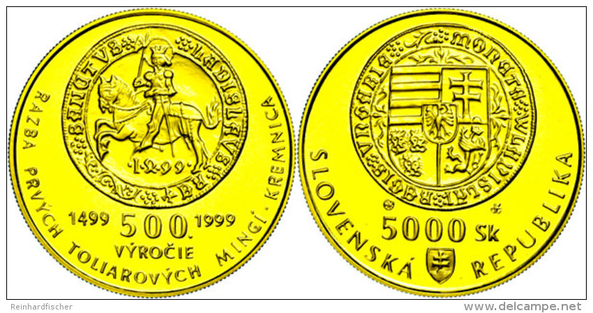 5000 Kronen, Gold, 1999, 500 Jahre M&uuml;nzst&auml;tte Kremnitz, KM 54, Mit Zertifikat In Ausgabeschatulle, PP ... - Eslovaquia