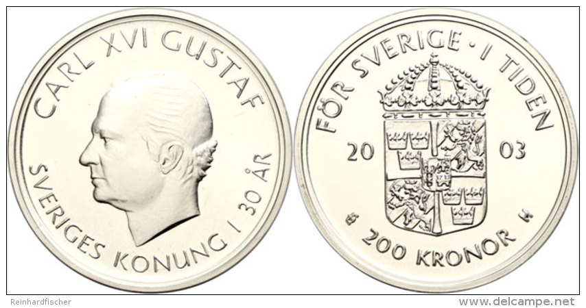 200 Kronen, 2003, Thronbesteigung K&ouml;nig Carl XVI. Gustaf, KM 902, Mit Zertifikat In Ausgabeschatulle, St. ... - Suecia