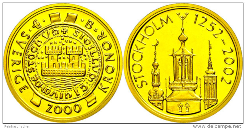 2000 Kronen, Gold, 2002, 750 Jahre Stockholm-Stadtsiegel, 10,82g Fein, KM 909, Auflage 3596 St&uuml;ck, Mit... - Suecia