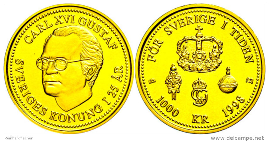 1000 Kronen, Gold, 1998, Thronbesteigung K&ouml;nig Carl XVI. Gustaf, Ca. 5,22g Fein, KM 893, Im Blister, St. ... - Suecia