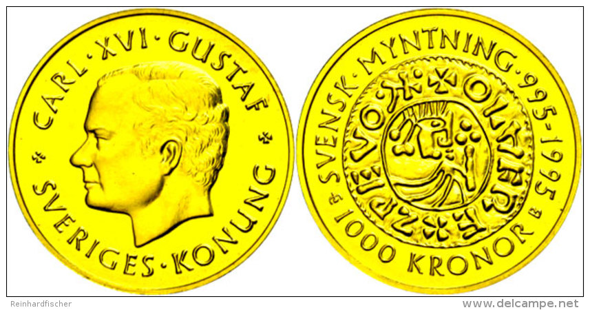 1000 Kronen, Gold, 1995, Silberpfennig Unter K&ouml;nig Olof, Ca. 5,22g Fein, KM 887, Im Blister, St.  St1000... - Suecia