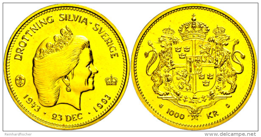 1000 Kronen, Gold, 1993, 50. Geburtstag Von K&ouml;nigin Silvia, Ca. 5,22g Fein, KM 884, Im Blister, St. ... - Suecia