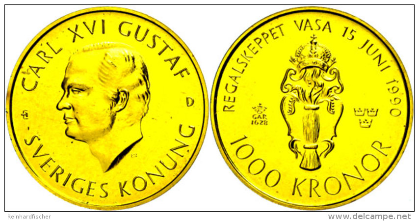 1000 Kronen, Gold, 1990, Wappen Der Dynastie Wasa, Ca. 5,22g Fein, KM 876, Im Blister, St.  St1000 Coronas,... - Suecia