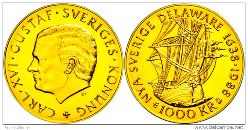 1000 Kronen, Gold, 1988, Segelschiff Kalmar Nyckel, Ca. 5,22g Fein, KM 868, Im Blister, St.  St1000 Coronas,... - Suecia