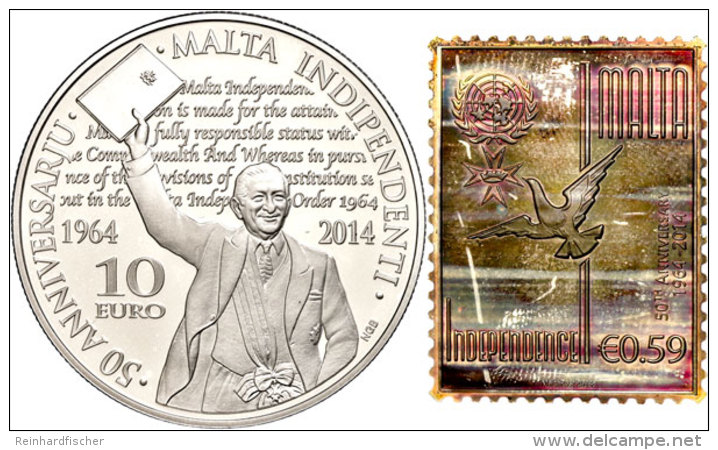 2014, Set Zu 10 Euro Und 0,59 Cent Silberne Briefmarke, 50 Jahre Unabh&auml;ngigkeit, Auflage Nur 1000 S&auml;tze,... - Malta