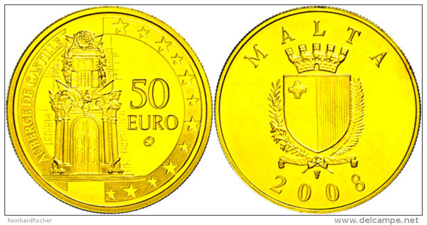 50 Euro, Gold, 2008, Auberge De Castille, Ca. 5,95g Fein, Auflage Nur 3000 St&uuml;ck, Sch&ouml;n 134, KM 137, Mit... - Malta