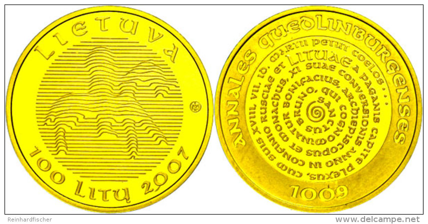 100 Litu, Gold, 2007, 1000 Jahre Litauen, KM 158, Sch&ouml;n 84, Im Etui Mit Kapsel (besch&auml;digt) Und... - Lituania