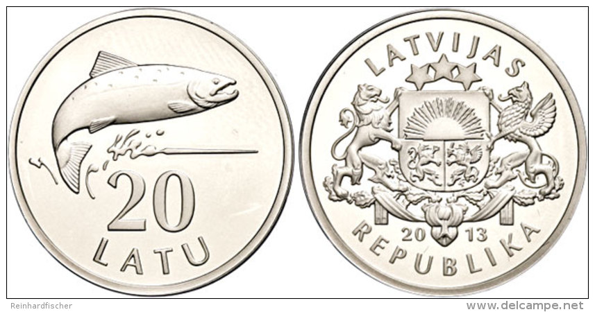 20 Latu, 2013, Atlantischer Lachs, KM 138, Sch&ouml;n 133, Im Etui Mit Kapsel Und Zertifikat, Auflage Nur 10.000... - Letonia