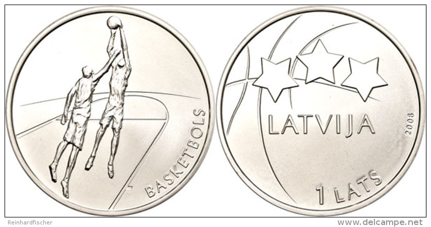 1 Lats, 2008, Basketball - Frau EM 2009 In Riga, KM 95, Sch&ouml;n 99, Im Etui Mit Kapsel (Kapsel Besch&auml;digt)... - Letonia