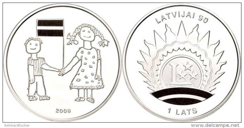 1 Lats, 2008, 90. Jahrestag Der Unabh&auml;ngigkeit Lettlands, KM 99, Sch&ouml;n 98, Im Etui Mit Kapsel Und... - Letonia