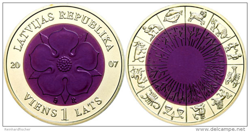 1 Lats, 2007, Heraldische Rose (violett Oxidiert), KM 90, Sch&ouml;n 90, Im Etui Mit Kapsel Und Zertifikat, Auflage... - Letonia