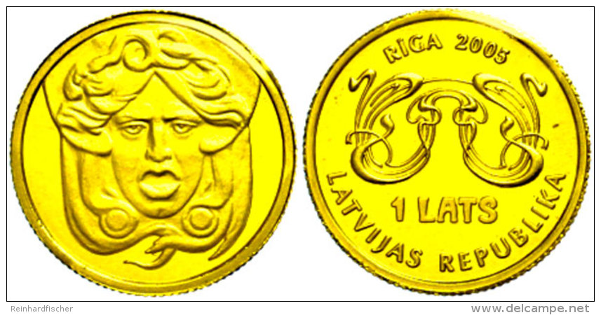 1 Lats, Gold, 2005, Jugendstil In Riga, 1/25 Unze, In M&uuml;nzr&auml;hmchen, PP.  PP1 Lats, Gold, 2005, Art... - Letonia