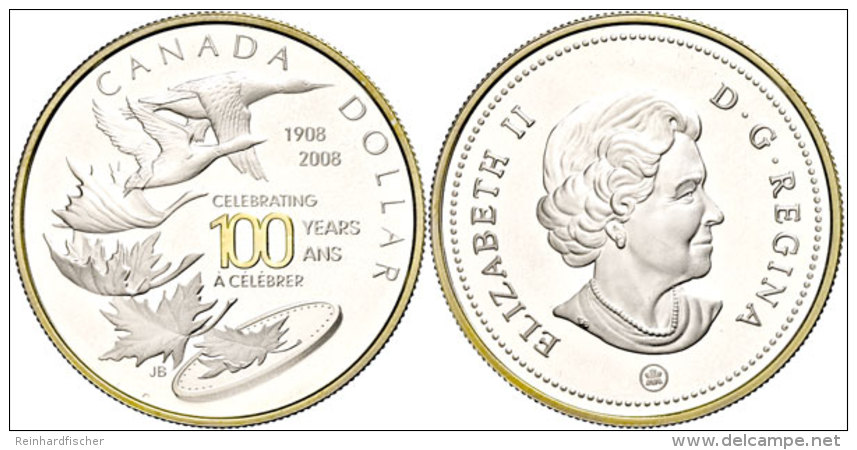 1 Dollar, 2008, 100 Jahre M&uuml;nzst&auml;tte Ottawa - Teilvergoldet, KM 781, Sch&ouml;n 768, Im Etui Mit OVP Und... - Canada