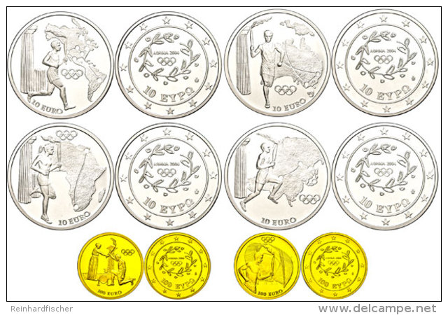 Set Zu 4x 10 Euro, Silber Und 2x 100, Gold, 2004, XXVIII. Olympische Sommerspiele In Athen - 4. Ausgabe, Je Im... - Grecia