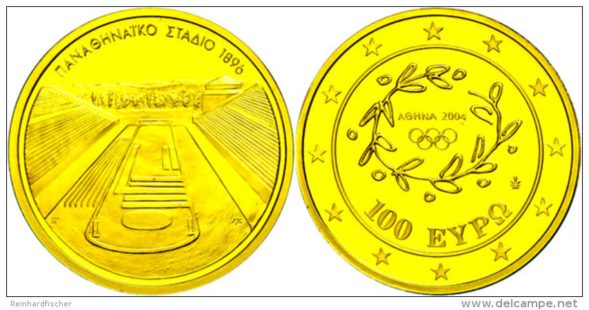 100 Euro, Gold, 2004, Kallimarmaron (1896) Auf Dem Ardettos, KM 198, Sch&ouml;n 157, Im Etui Mit OVP Und... - Grecia