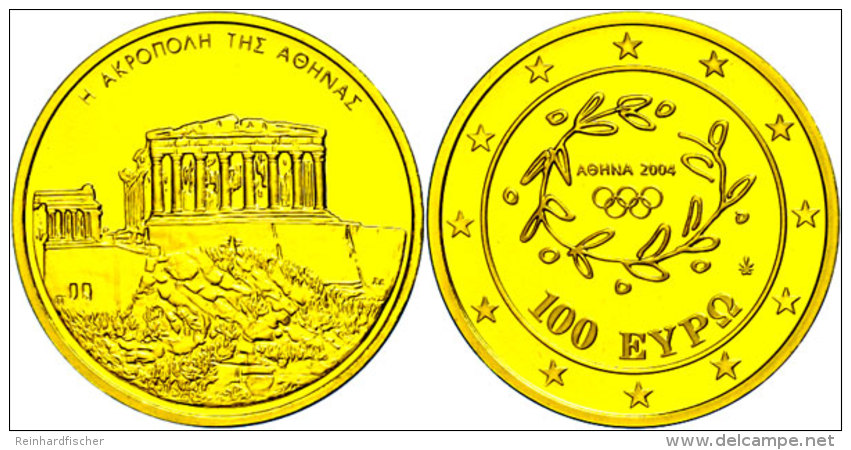 100 Euro, Gold, 2004, Akropolis In Athen, KM 204, Sch&ouml;n 159, Im Etui Mit OVP Und Zertifikat, 10g Fein, PP. ... - Grecia