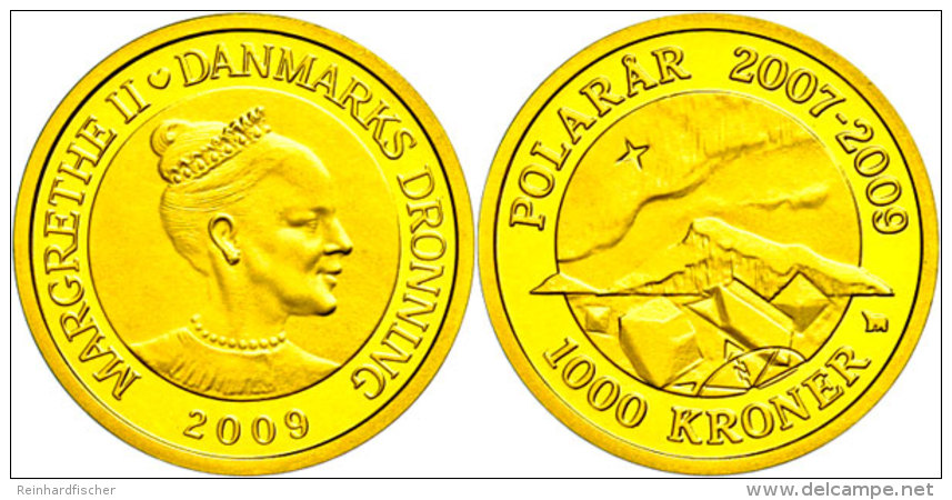 1000 Kronen, Gold, 2009, Nordlicht, Mineralien Und Magnetischer Nordpol, 7,78g Fein, KM 934, Mit Zertifikat In... - Dinamarca