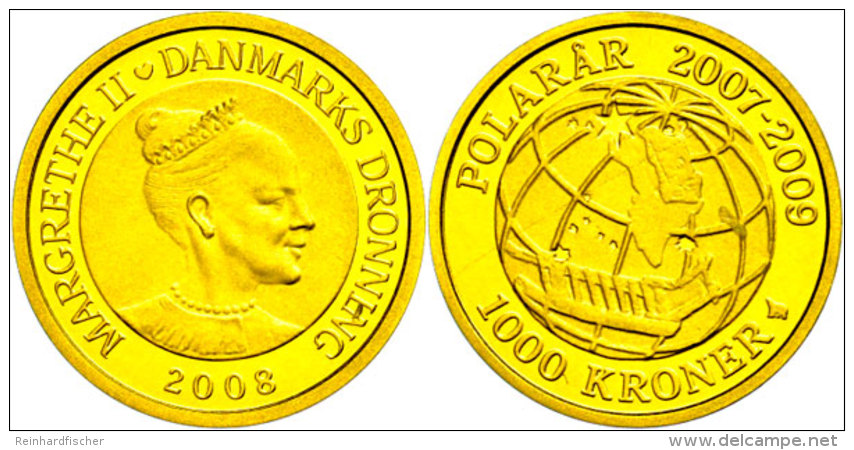 1000 Krone, Gold, 2008, Schlitten Vor Globus Mit Karte, 7,78g Fein, KM 925, Mit Zertifikat In Ausgabeschatulle, PP.... - Dinamarca