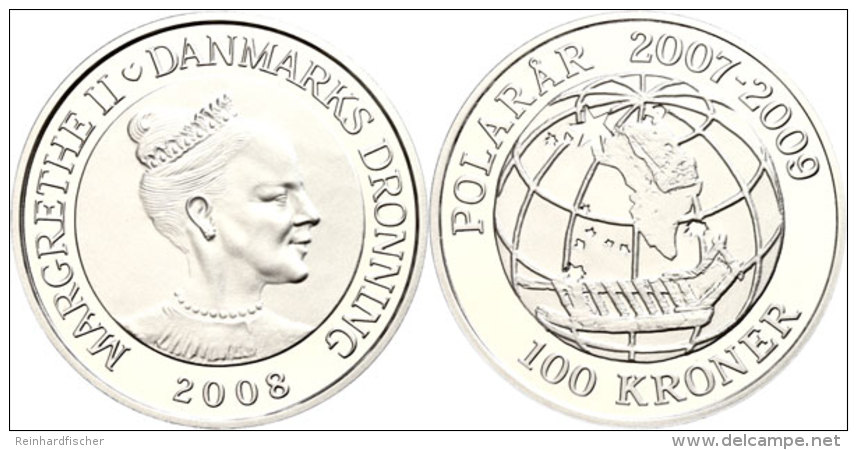 100 Kronen, 2008, Schlitten Vor Globus Mit Karte, KM 925, Mit Zertifikat In Ausgabeschatulle, PP.  PP100... - Dinamarca