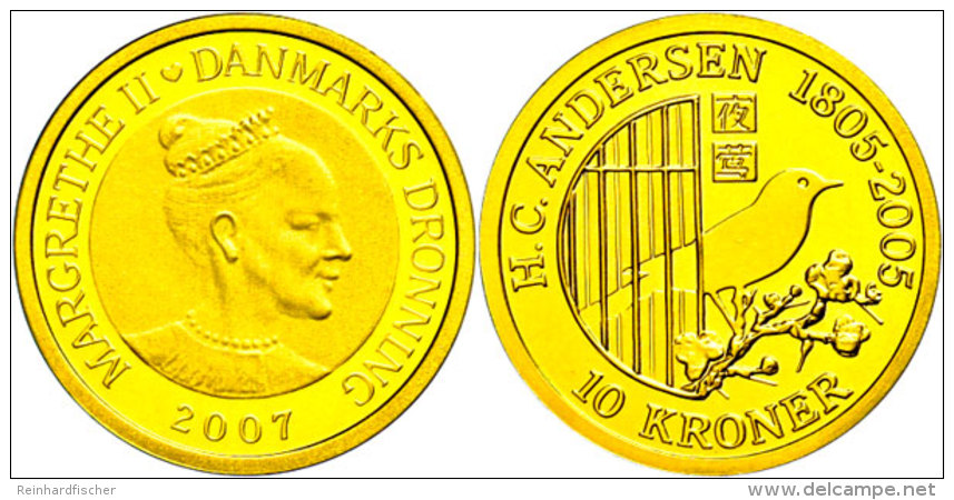 10 Kronen, Gold, 2007, Nachtigall Auf Kirschzweig, 7,78g Fein, KM 922, Mit Zertifikat In Ausgabeschatulle, PP. ... - Dinamarca