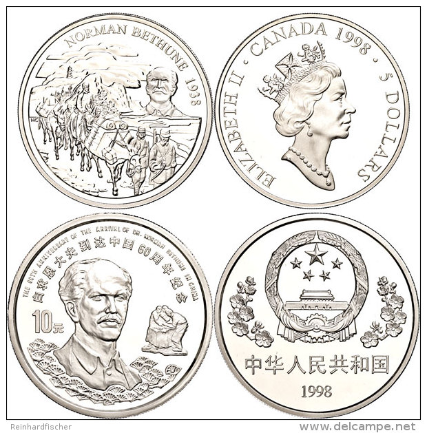 China - Kanada Set, 10 Yuan Und 5 Dollars, 1998, 60 Jahre Der Ankunft Von Norman Bethune In China, KM 1157 Und KM... - China