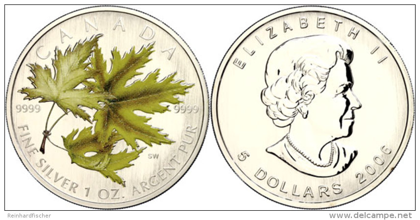 5 Dollars, 2006, Maple Leaf - Silberahornzweig In Farbe (Tampondruck, KM 660, Sch&ouml;n 695, Im Etui Mit OVP Und... - Otros & Sin Clasificación