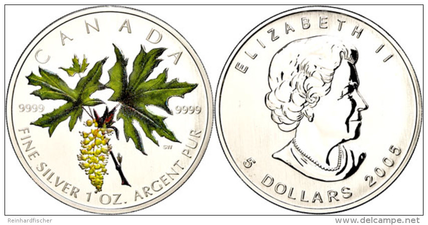 5 Dollars, 2005, Maple Leaf - Gr&uuml;n (Tampondruck), Im Etui Mit OVP Und Zertifikat, PP.  PP5 Dollars, 2005,... - Otros & Sin Clasificación