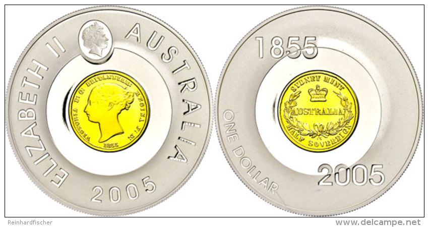 1 Dollar, 2005, Australische M&uuml;nzgeschichte - Half Sovereigen 1855, KM 825, Sch&ouml;n 846, Im Etui Mit OVP... - Otros & Sin Clasificación