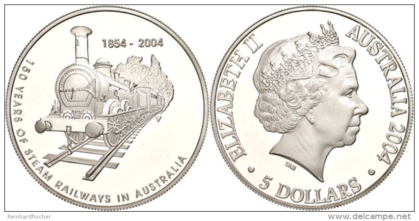 5 Dollars, 2004, 150 Jahre Eisenbahn In Australien, KM 730, Sch&ouml;n 796, Im Etui Mit OVP Und Zertifikat, Auflage... - Otros & Sin Clasificación
