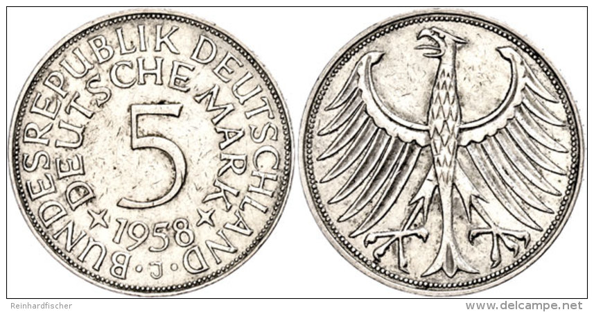 5 Mark, 1958, J, Kl. Rf., Ss+., Katalog: J. 387 5 Mark, 1958, J, Small Edge Nick, Very Fine., Catalogue: J. 387 - Otros & Sin Clasificación