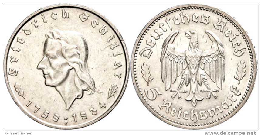 5 Reichsmark, 1934, Schiller, Kl. Rf., Vz., Katalog: J. 359 Vz5 Reichmark, 1934, Schiller, Small Edge Nick,... - Otros & Sin Clasificación
