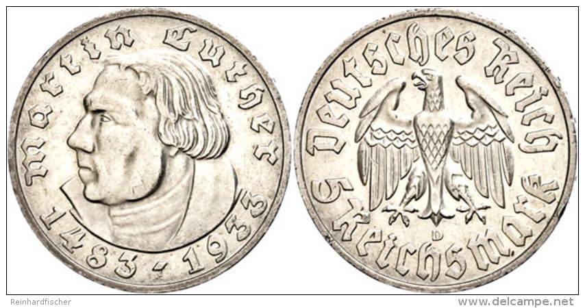 5 Reichsmark, 1933, D, Luther, Kl. Rf., Vz., Katalog: J. 353 Vz5 Reichmark, 1933, D, Luther, Small Edge Nick,... - Otros & Sin Clasificación