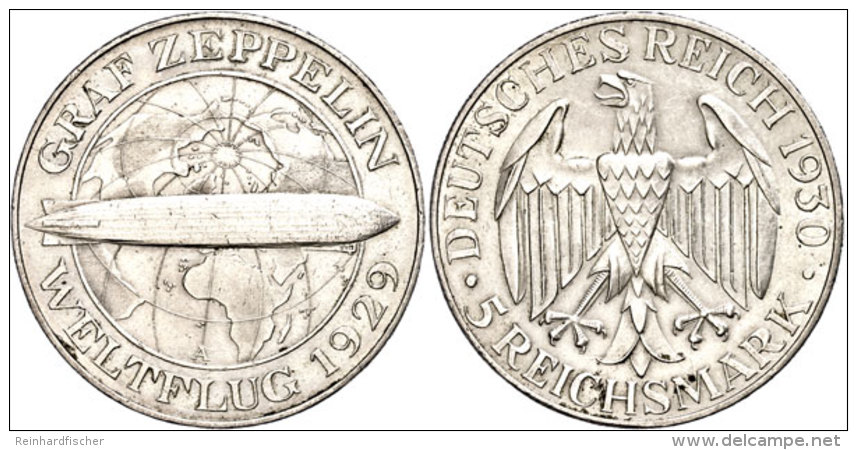 5 Reichsmark, 1929, A, Graf Zeppelin, Kl. Rf., Vz., Katalog: J. 343 Vz5 Reichmark, 1929, A, Count Zeppelin,... - Otros & Sin Clasificación