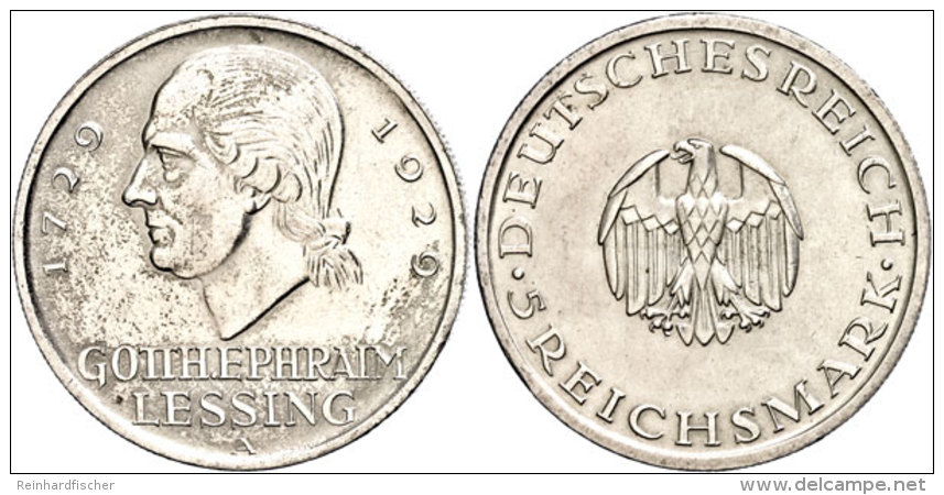 5 Reichsmark, 1929, A, Lessing, Kl. Rf., Avers Poliert, Vz., Katalog: J. 336 Vz5 Reichmark, 1929, A, Lessing,... - Otros & Sin Clasificación