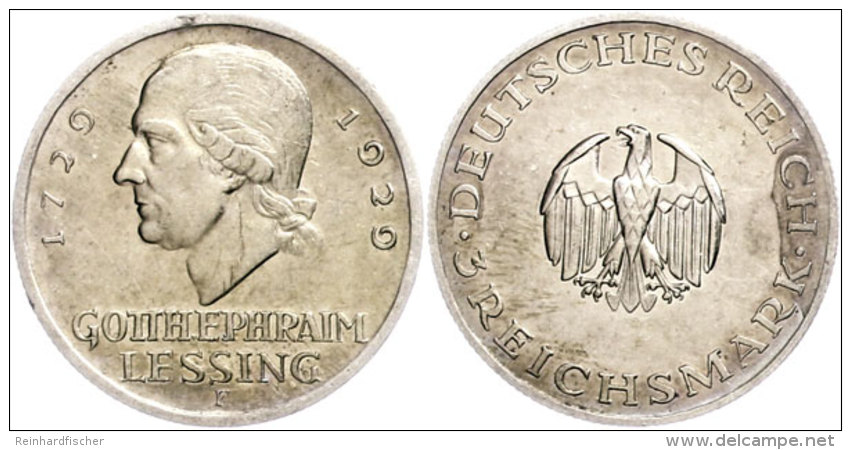 3 Reichsmark, 1929, Lessing, Pr&auml;gebuchstabe F, Vz Aus PP., Katalog: J. 335 VzausPP3 Reichmark, 1929,... - Otros & Sin Clasificación