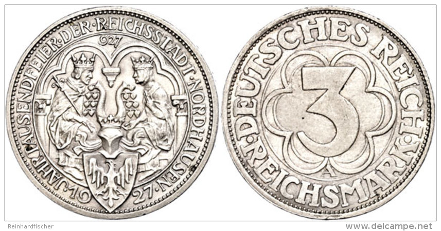 3 Reichsmark, 1927, Nordhausen, Kl. Rf., Vz., Katalog: J. 327 Vz3 Reichmark, 1927, Nordhausen, Small Edge Nick,... - Otros & Sin Clasificación