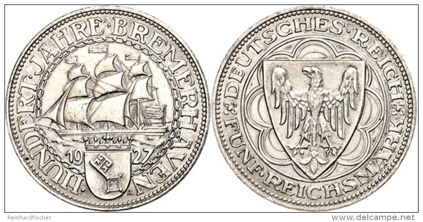5 Reichsmark, 1927, Bremerhaven, Kl. Rf., Vz., Katalog: J. 326 Vz5 Reichmark, 1927, Bremerhaven, Small Edge... - Otros & Sin Clasificación